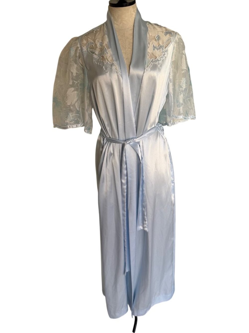 Natori Womens Satin Peignoir Robe Size L Floral Pattern Flutter Sleeves Vintage